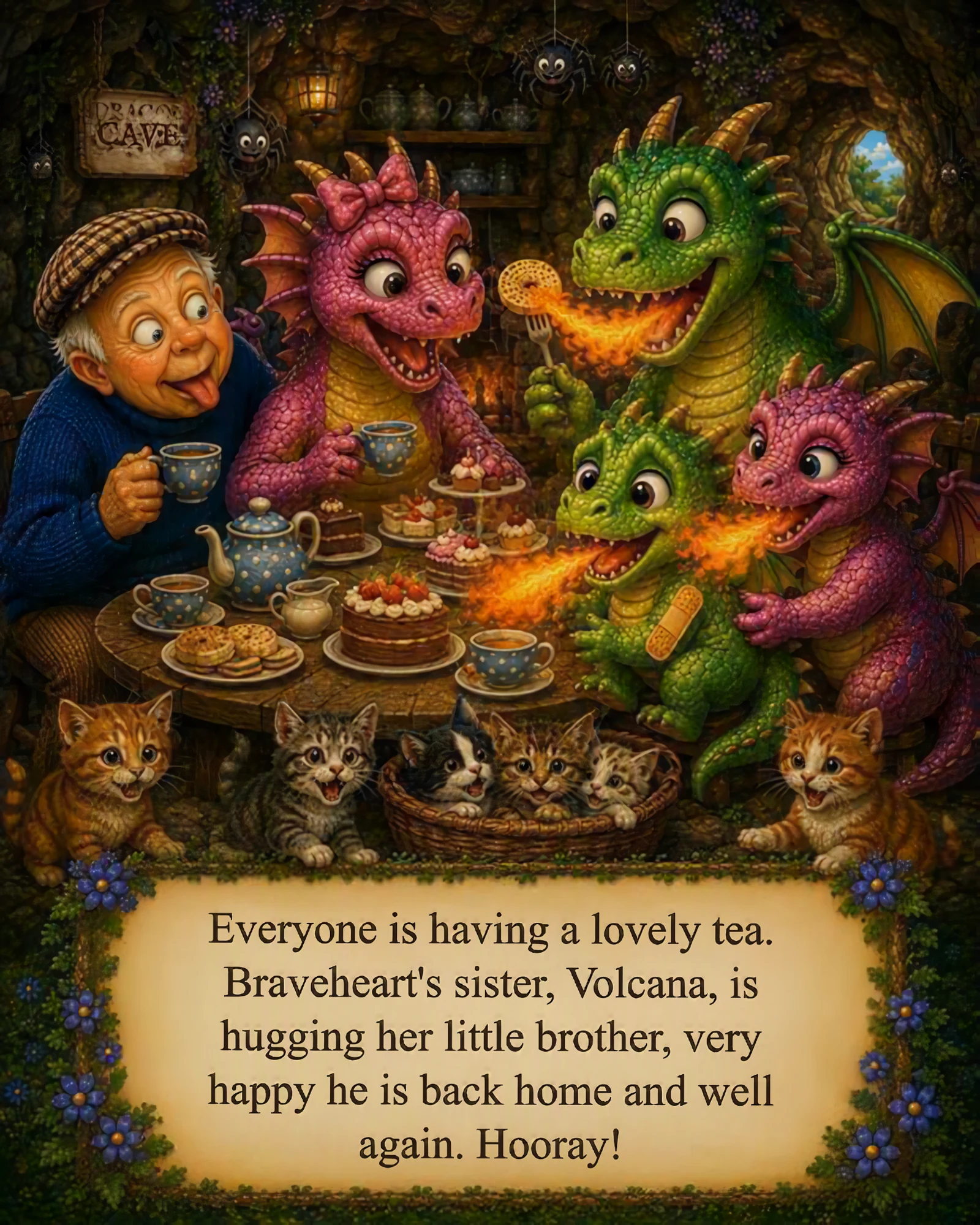 Tea with the dragon family inside their cave