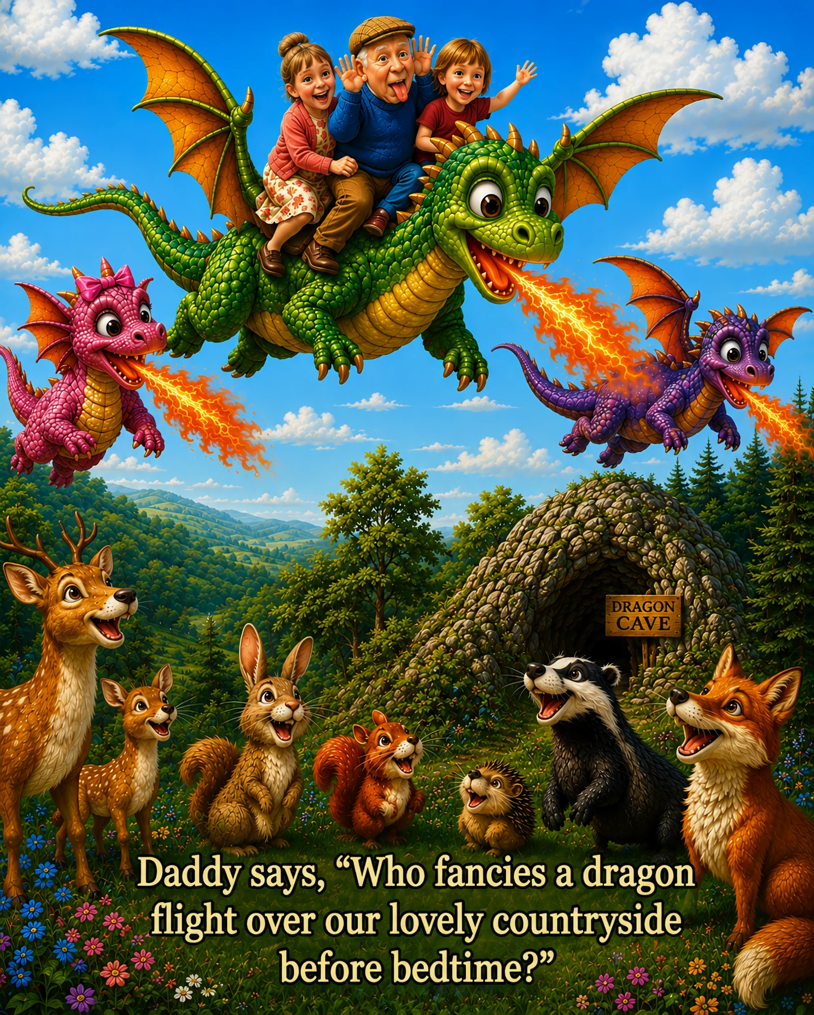 Grandad Funnyface and family flying with dragons