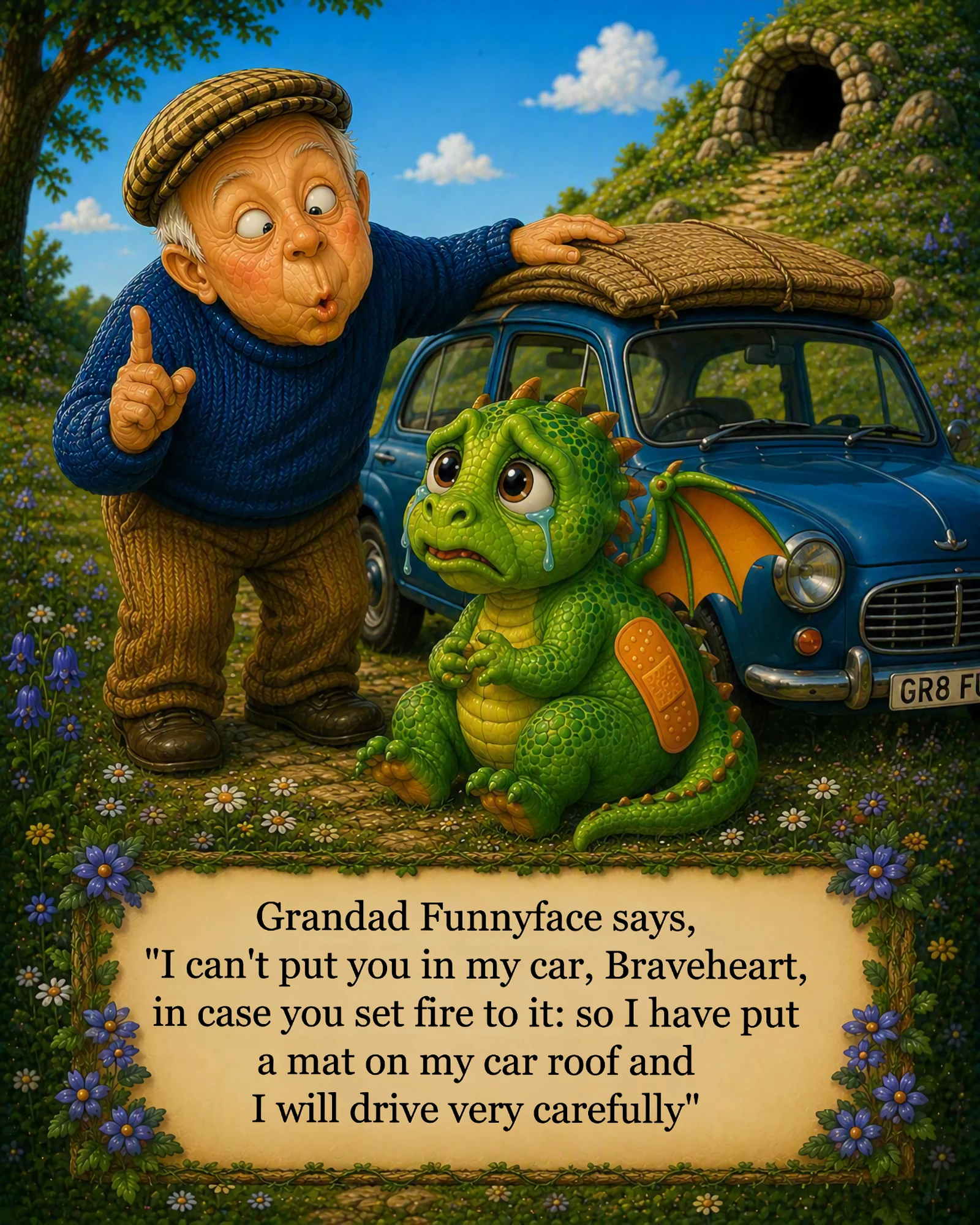 Braveheart travelling on Grandad Funnyface's car