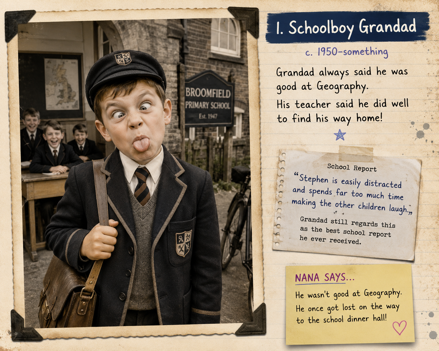 Schoolboy Grandad making a funny face outside school