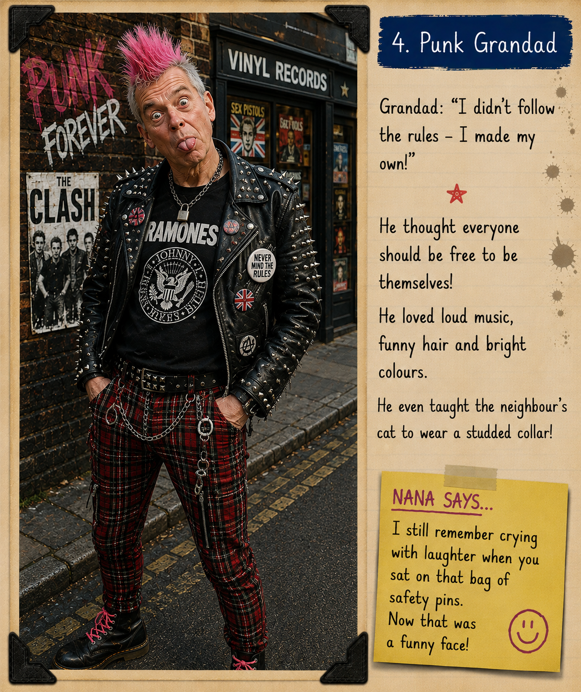 Punk Grandad with a pink mohawk making a funny face
